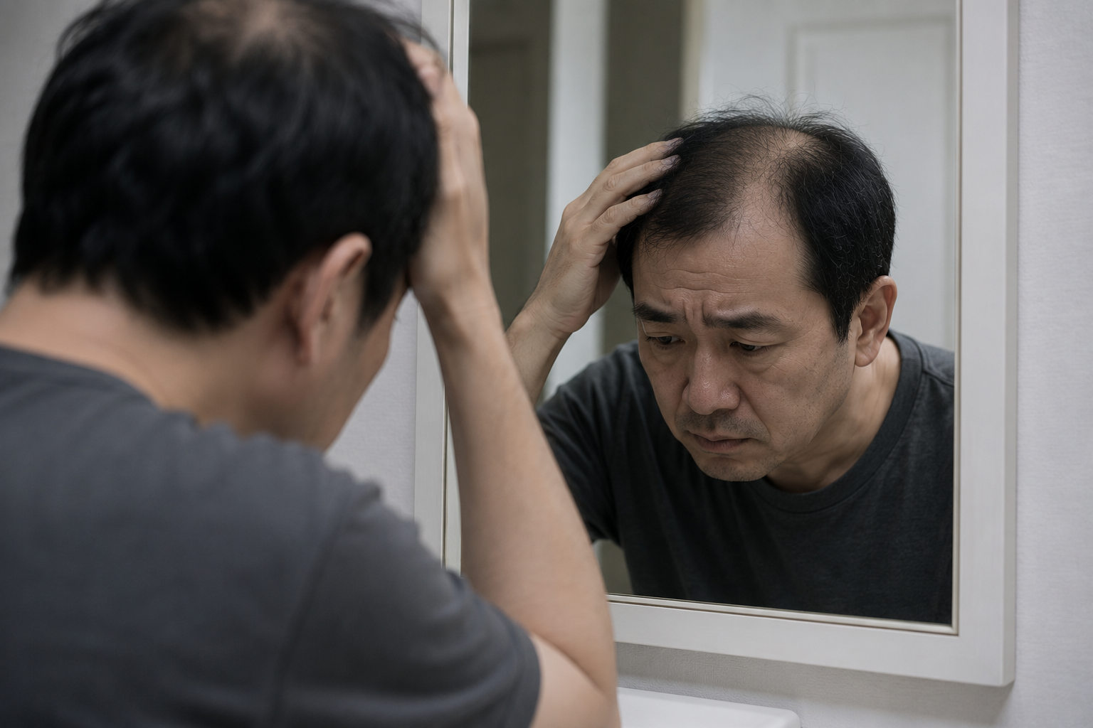 鏡を見てしょんぼりする男性 薄毛・抜け毛の悩み