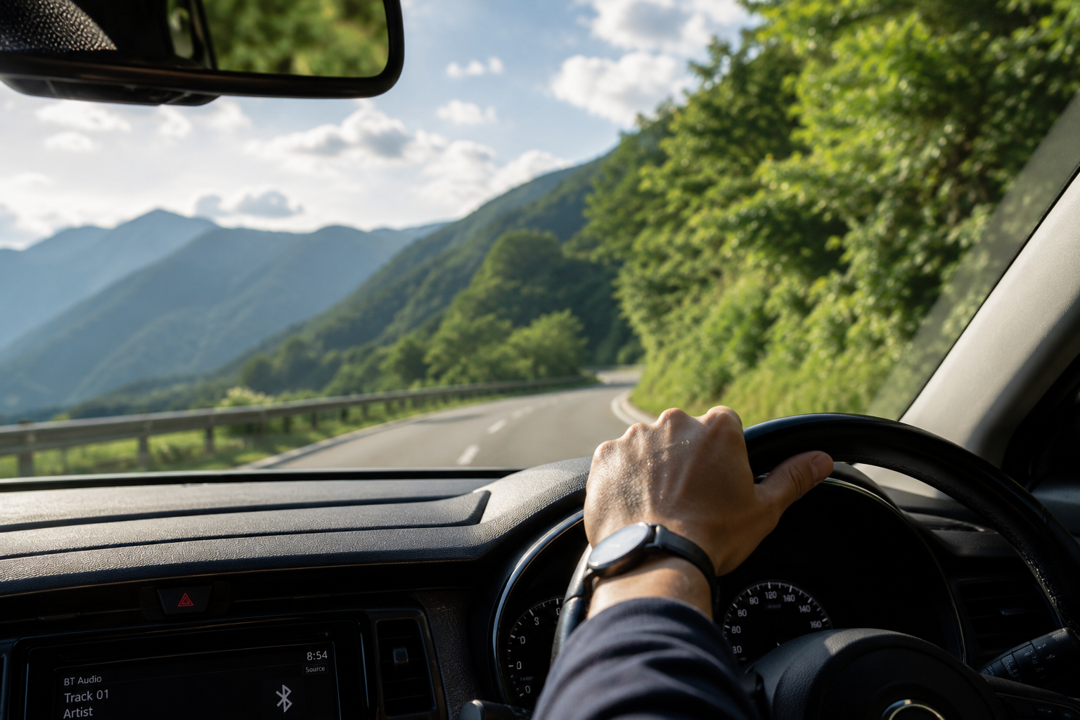 移動中の車内から見える山と緑の景色