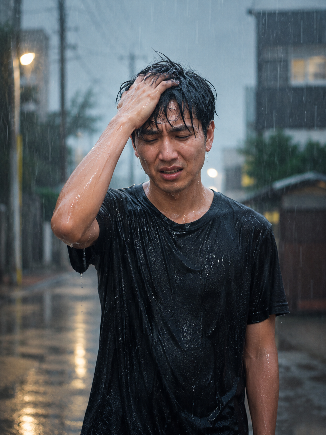 突然のゲリラ豪雨・夕立で頭が濡れてしまったイメージ｜頭皮ケアの重要性
