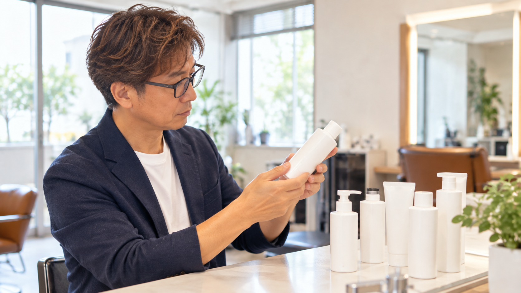 髪質改善は意味ないのか、美容師が他社の髪質改善商材を手に取って確かめる様子