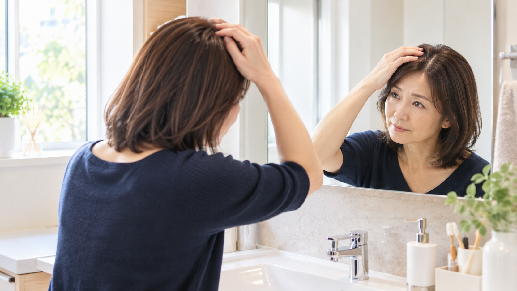 鏡の前で分け目の薄毛を気にする女性