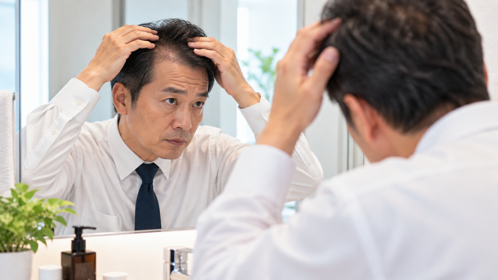 40代50代男性の薄毛・育毛 鏡で頭皮を気にする男性｜しゅくるithnani 江戸川区 伊那市